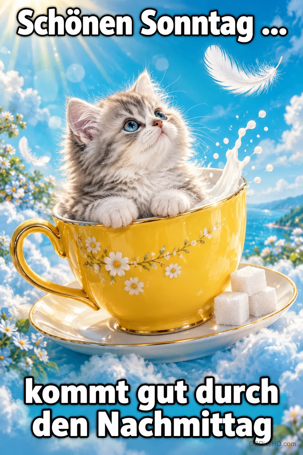 Ein flauschiges Kätzchen sitzt in einer gelben Blumentasse mit Zuckerwürfeln und Federn vor blauem Himmel, dazu der Gruß "Schönen Sonntag ... kommt gut durch den Nachmittag". Ein flauschiges Kätzchen sitzt in einer gelben Blumentasse mit Zuckerwürfeln und Federn vor blauem Himmel, dazu der Gruß "Schönen Sonntag ... kommt gut durch den Nachmittag".