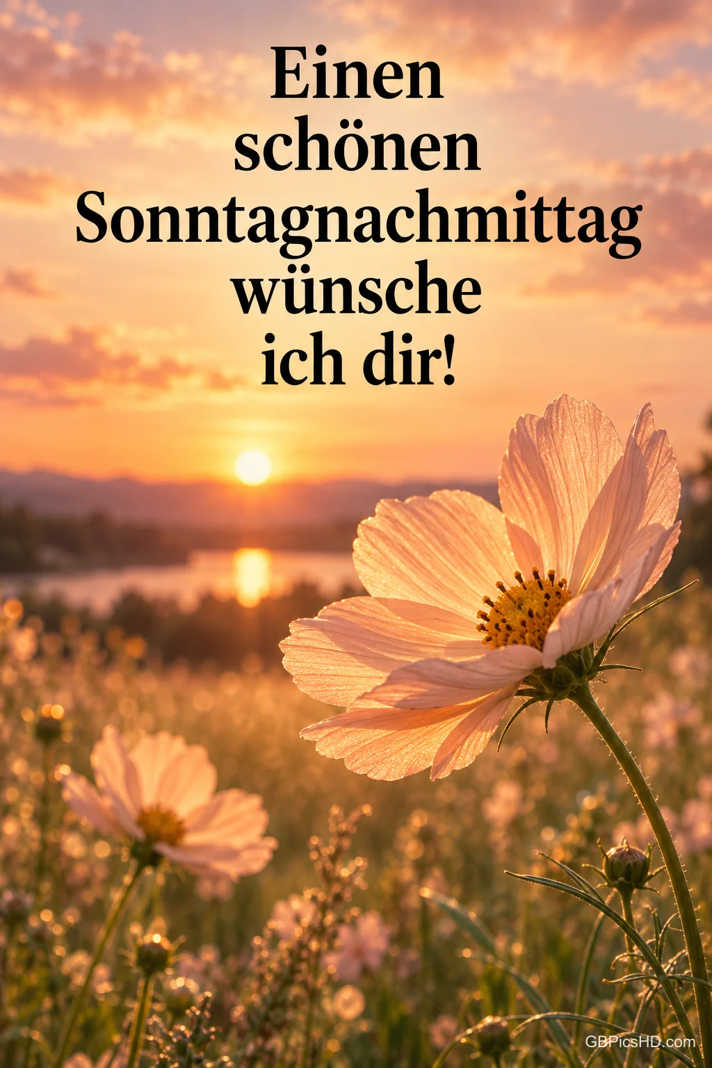 Zartrosa Schmuckkörbchen leuchten im warmen Licht der tief stehenden Sonne über einer Wiese am See, darüber der Gruß "Einen schönen Sonntagnachmittag wünsche ich dir!" Zartrosa Schmuckkörbchen leuchten im warmen Licht der tief stehenden Sonne über einer Wiese am See, darüber der Gruß "Einen schönen Sonntagnachmittag wünsche ich dir!"