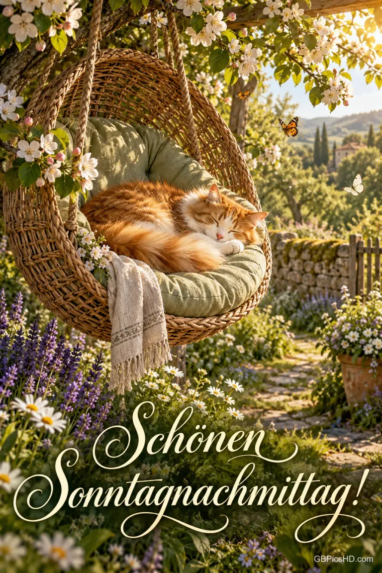 Eine Katze schläft in einem Hängekorbsessel unter Blüten über dem Gruß "Schönen Sonntagnachmittag!".