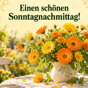 Ein üppiger Strauß aus gelben und orangefarbenen Ringelblumen in einem weißen Krug auf einem Gartentisch mit Spitzendecke, sonnig und sommerlich, darüber ein Sonntagsgruß