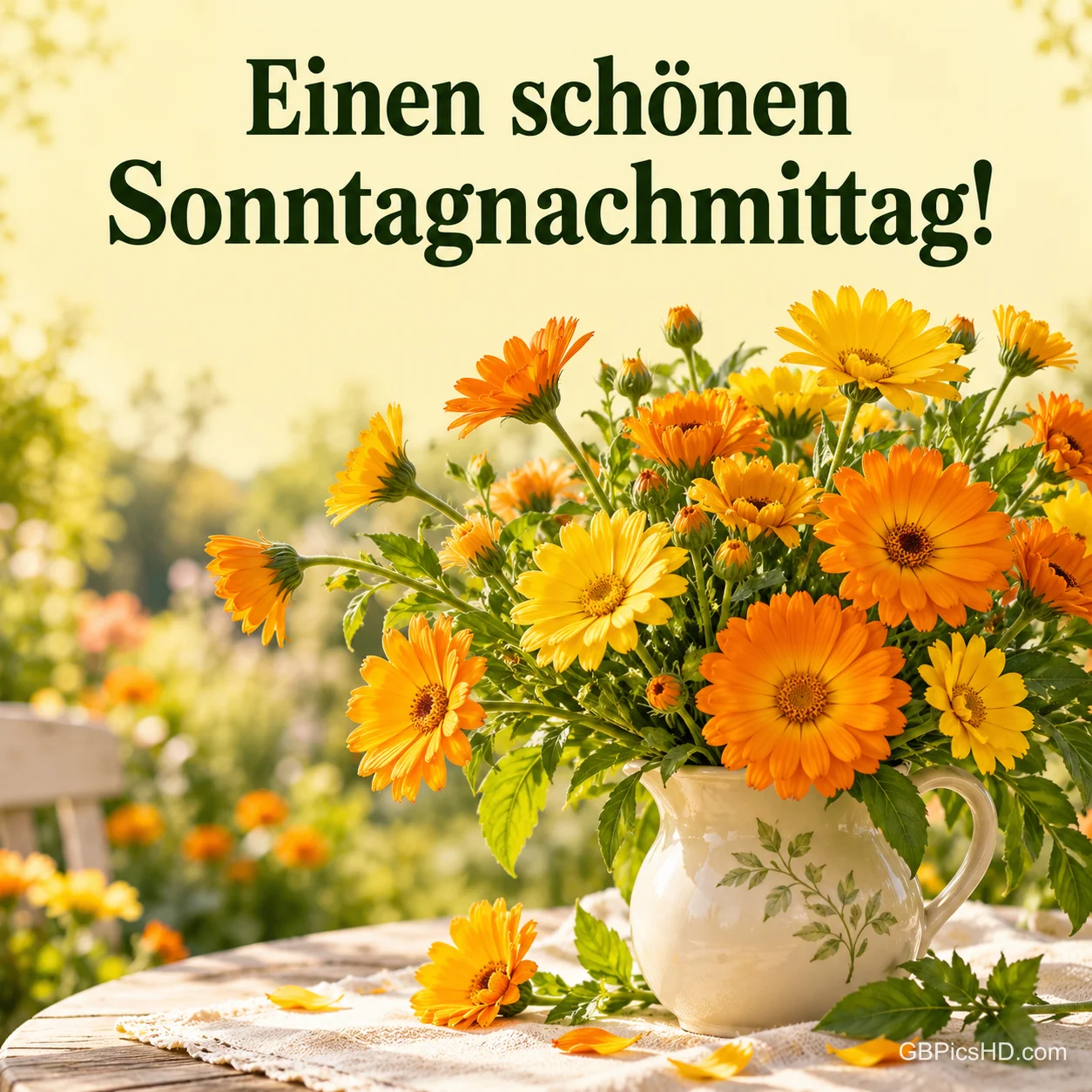 Ein üppiger Strauß aus gelben und orangefarbenen Ringelblumen in einem weißen Krug auf einem Gartentisch mit Spitzendecke, sonnig und sommerlich, darüber ein Sonntagsgruß Ein üppiger Strauß aus gelben und orangefarbenen Ringelblumen in einem weißen Krug auf einem Gartentisch mit Spitzendecke, sonnig und sommerlich, darüber ein Sonntagsgruß
