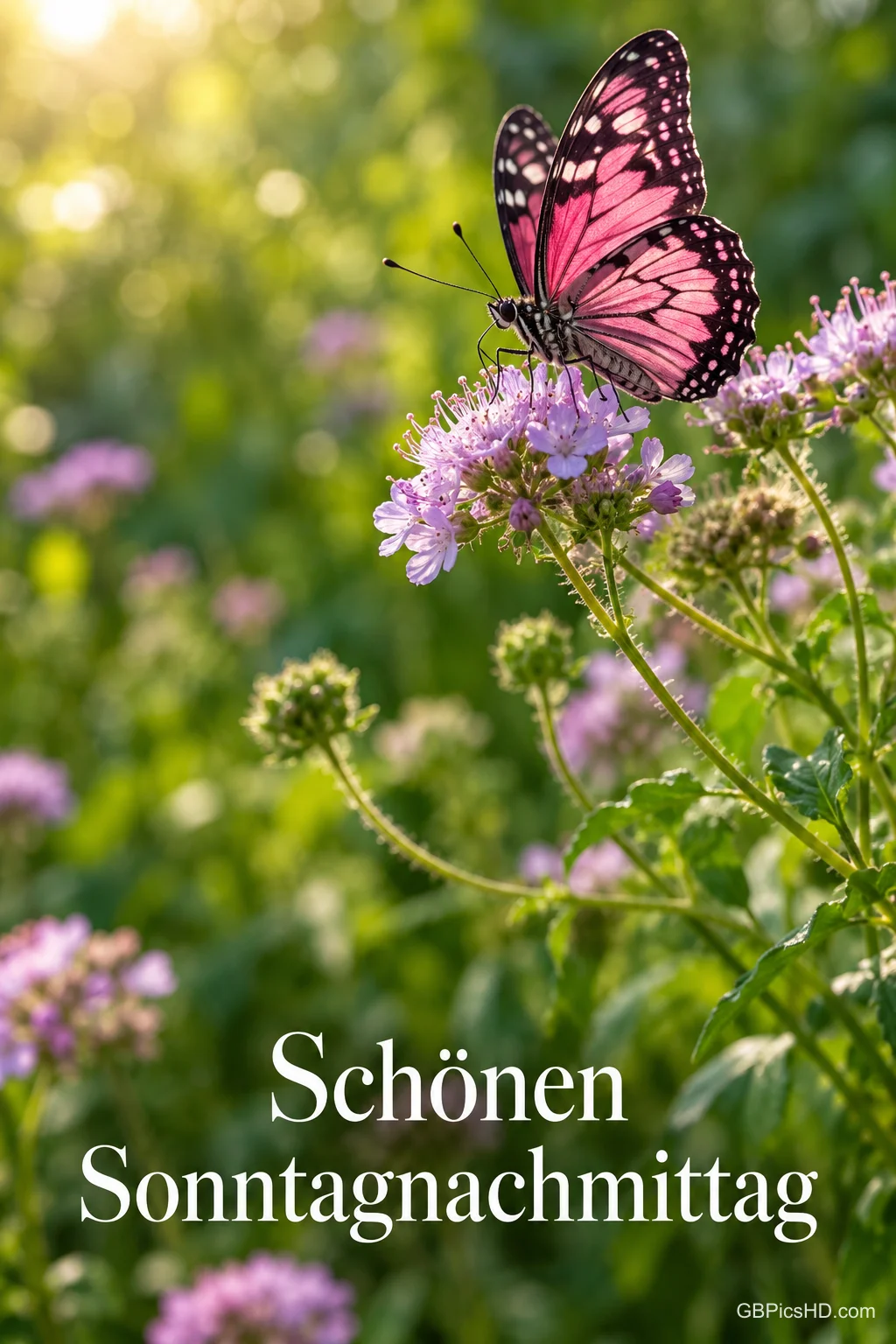 Ein pinkfarbener Schmetterling sitzt auf lila Wildblumen in einer sonnigen, grünen Sommerwiese, im unteren Teil steht ein Gruß für einen schönen Sonntagnachmittag Ein pinkfarbener Schmetterling sitzt auf lila Wildblumen in einer sonnigen, grünen Sommerwiese, im unteren Teil steht ein Gruß für einen schönen Sonntagnachmittag