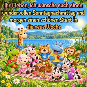 Fröhliche Cartoon-Tiere machen ein Picknick am sonnigen See, darüber der Gruß "Ihr Lieben, ich wünsche euch einen wundervollen Sonntagnachmittag und morgen einen schönen Start in die neue Woche".