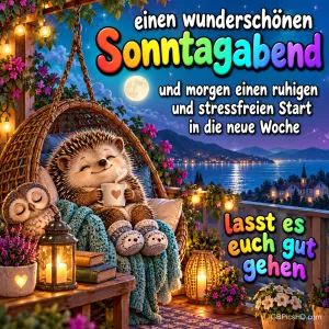 Gemütlicher Igel mit Tasse in einem Hängesessel auf dem Balkon, daneben eine schlafende Eule, Laternen und ein abendlicher See mit Vollmond, dazu ein bunter Sonntagabendgruß