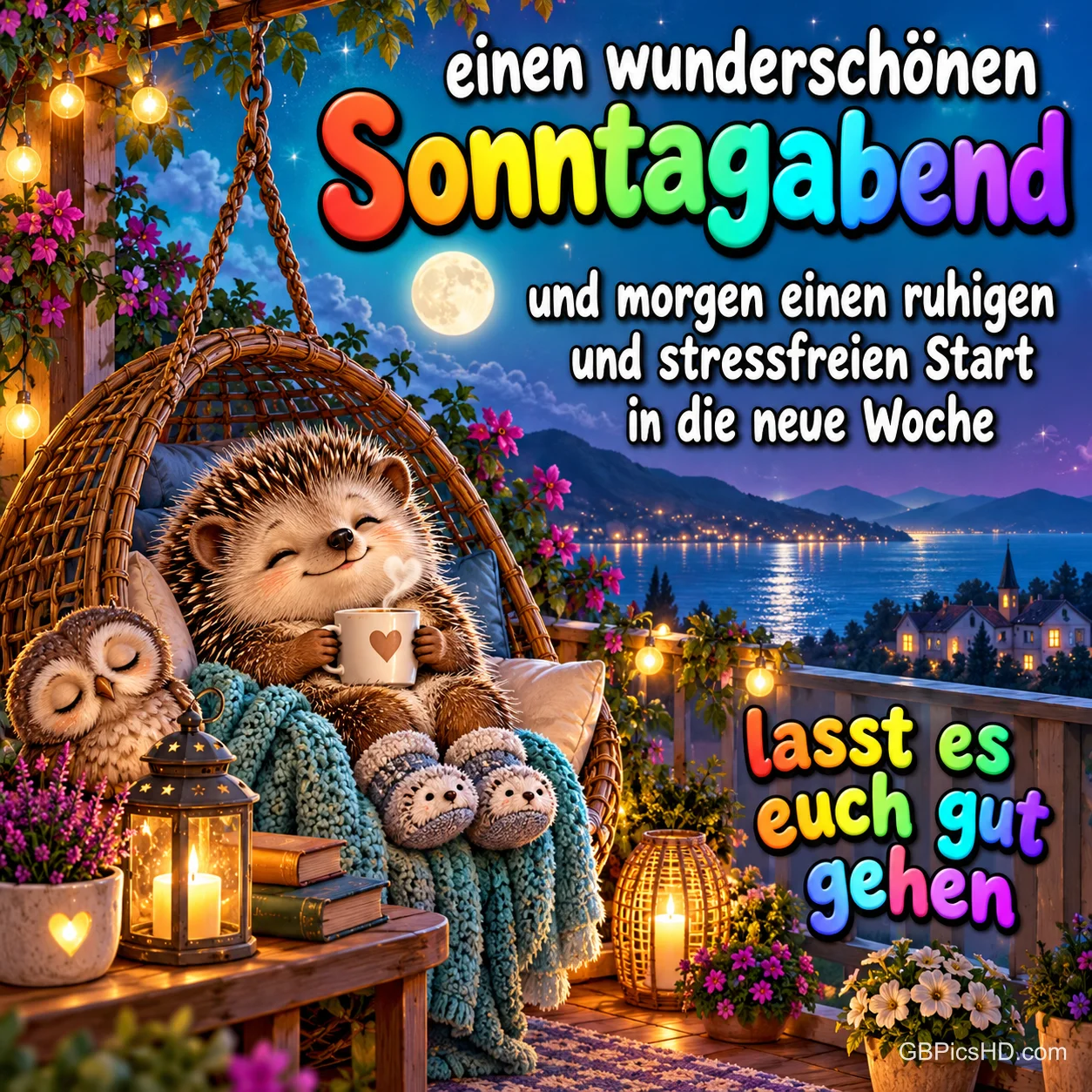Gemütlicher Igel mit Tasse in einem Hängesessel auf dem Balkon, daneben eine schlafende Eule, Laternen und ein abendlicher See mit Vollmond, dazu ein bunter Sonntagabendgruß Gemütlicher Igel mit Tasse in einem Hängesessel auf dem Balkon, daneben eine schlafende Eule, Laternen und ein abendlicher See mit Vollmond, dazu ein bunter Sonntagabendgruß
