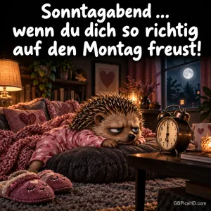 Mürrischer Igel im rosa Schlafanzug liegt auf einem Kissen im gemütlichen Wohnzimmer, daneben ein Wecker und Hausschuhe, dazu ein Spruch über die Vorfreude auf den Montag