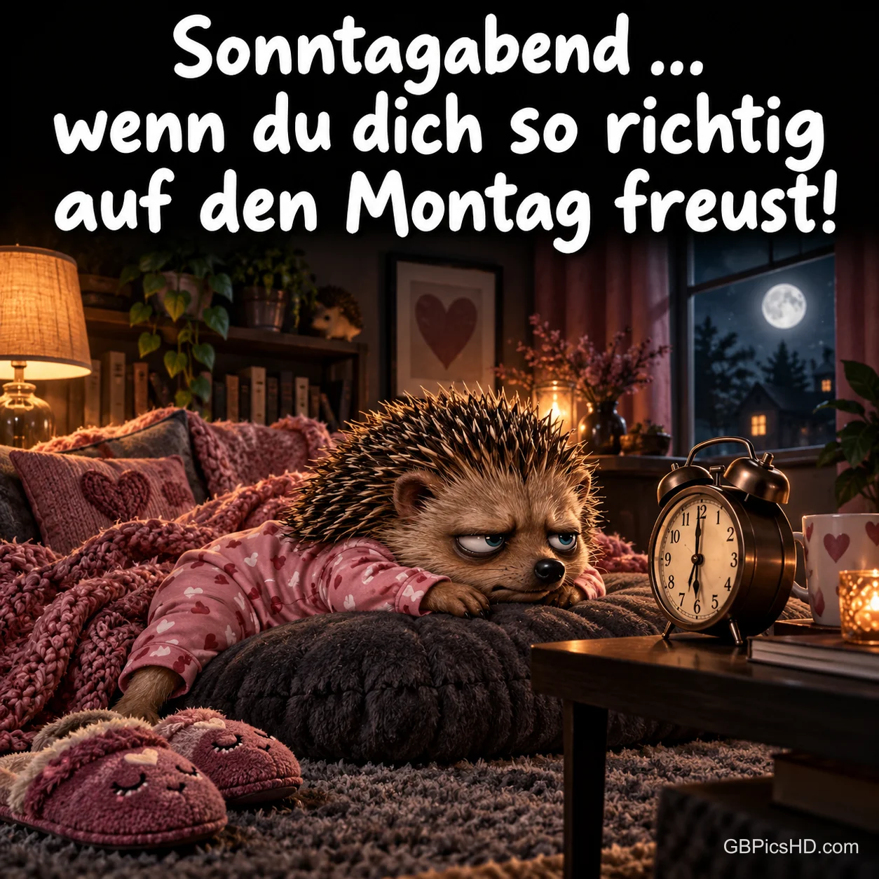 Mürrischer Igel im rosa Schlafanzug liegt auf einem Kissen im gemütlichen Wohnzimmer, daneben ein Wecker und Hausschuhe, dazu ein Spruch über die Vorfreude auf den Montag Mürrischer Igel im rosa Schlafanzug liegt auf einem Kissen im gemütlichen Wohnzimmer, daneben ein Wecker und Hausschuhe, dazu ein Spruch über die Vorfreude auf den Montag