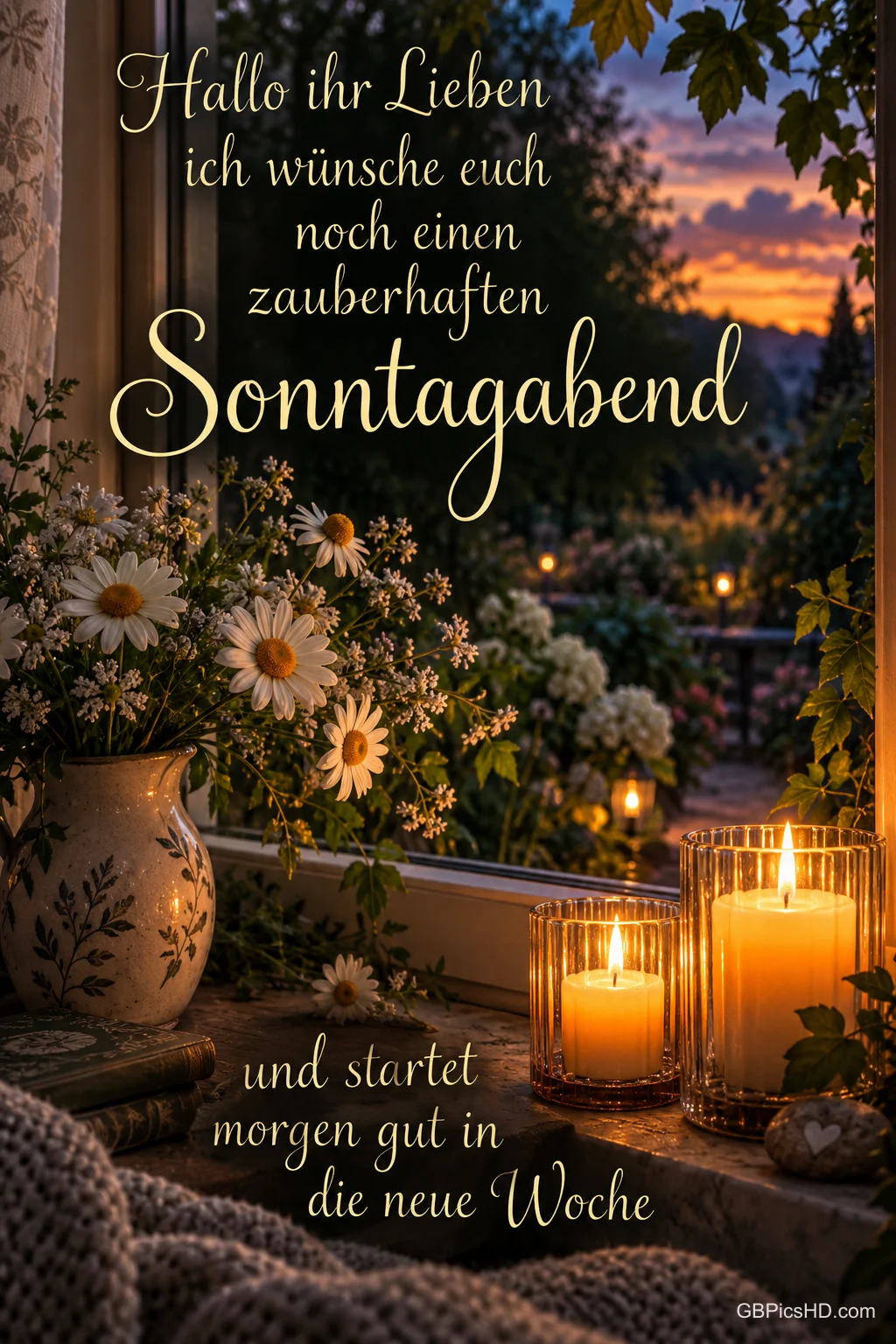 Brennende Kerzen und weiße Margeriten am Fenster mit Blick auf einen Sonnenuntergang über Hügeln, dazu ein zauberhafter Sonntagabendgruß in eleganter Schreibschrift Brennende Kerzen und weiße Margeriten am Fenster mit Blick auf einen Sonnenuntergang über Hügeln, dazu ein zauberhafter Sonntagabendgruß in eleganter Schreibschrift