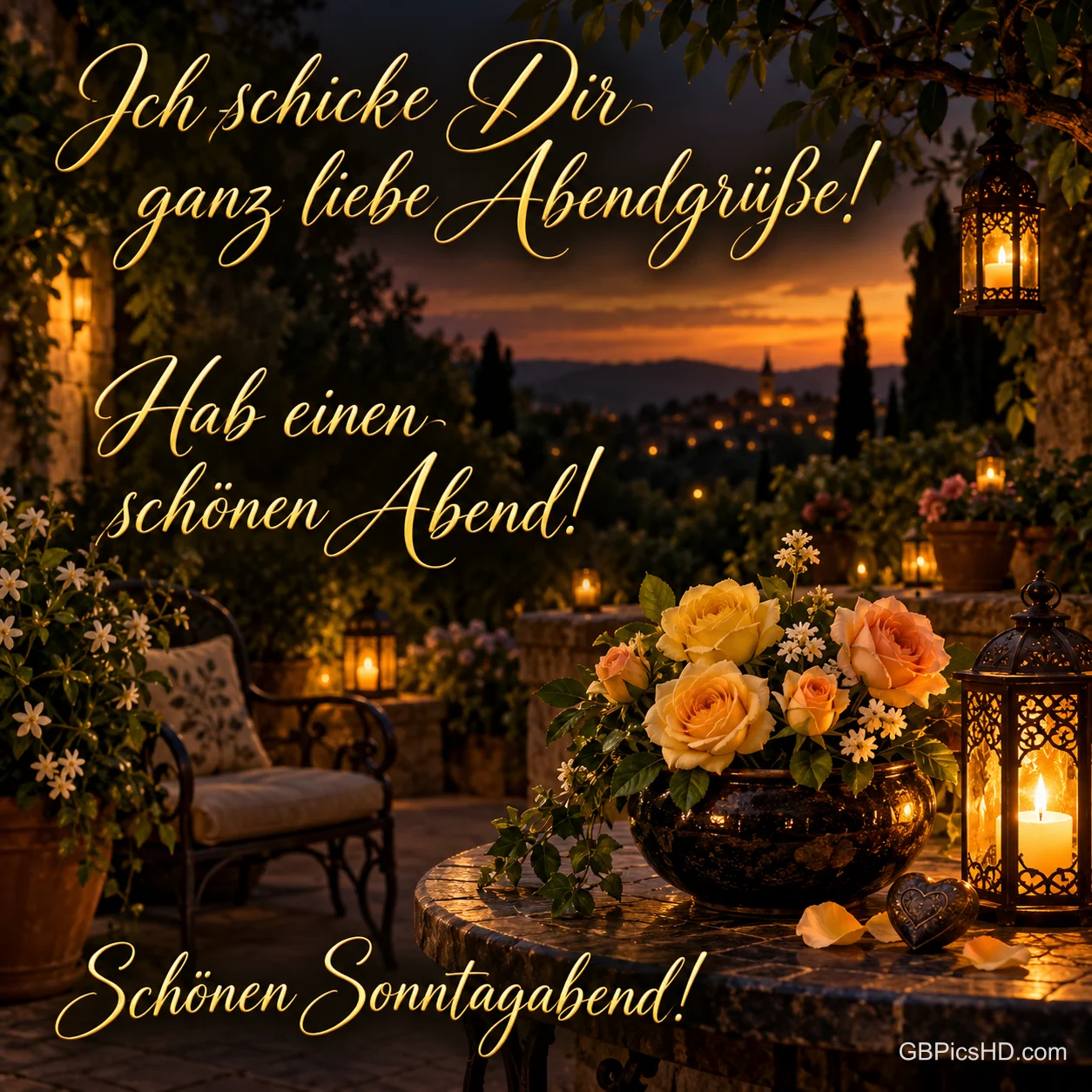 Strauß gelber und orangefarbener Rosen auf einer Terrasse mit Laternen und Kerzen, im Hintergrund ein Dorf im Abendrot, dazu liebe Abendgrüße zum Sonntag Strauß gelber und orangefarbener Rosen auf einer Terrasse mit Laternen und Kerzen, im Hintergrund ein Dorf im Abendrot, dazu liebe Abendgrüße zum Sonntag