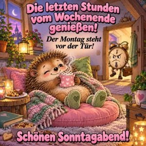 Fröhlicher Igel mit Kakaotasse kuschelt sich auf ein rosa Sitzkissen, während ein grimmiger Wecker mit Aktentasche zur Tür hereinkommt, dazu ein Spruch zum Wochenendende