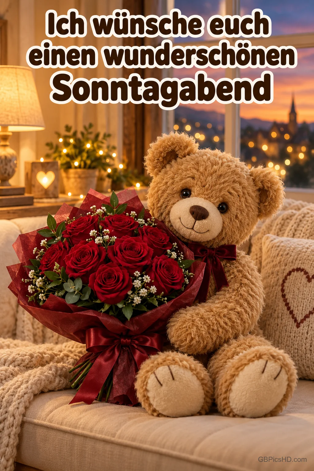 Plüschteddybär mit großem Strauß roter Rosen sitzt auf einem hellen Sofa vor einem Fenster mit Abendlichtern, darüber ein herzlicher Wunsch zum Sonntagabend Plüschteddybär mit großem Strauß roter Rosen sitzt auf einem hellen Sofa vor einem Fenster mit Abendlichtern, darüber ein herzlicher Wunsch zum Sonntagabend