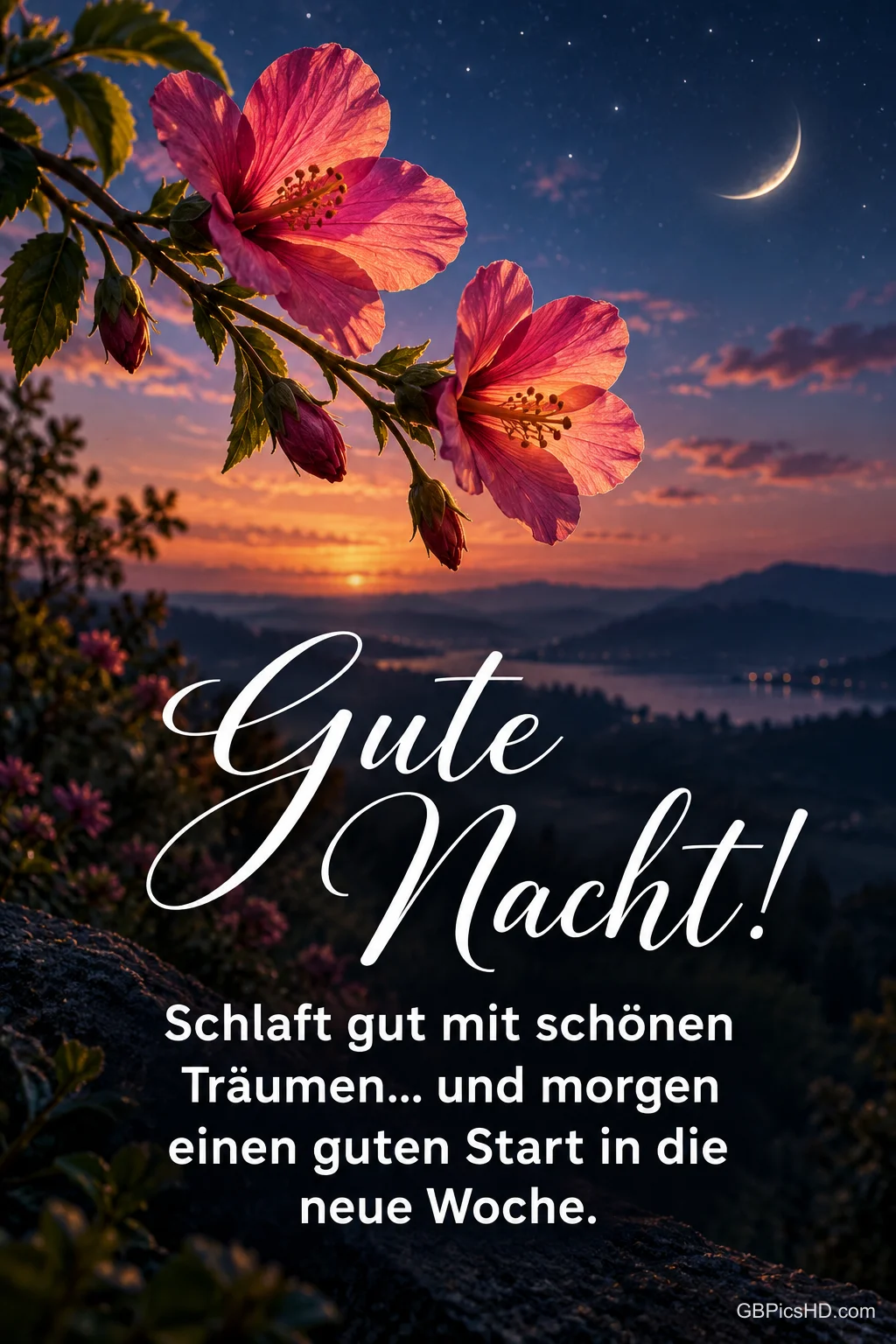 Pinke Hibiskusblüten an einem Zweig vor dämmrigem Abendhimmel mit Mondsichel über einer Hügellandschaft, dazu ein Gute-Nacht-Gruß mit Wünschen für die neue Woche Pinke Hibiskusblüten an einem Zweig vor dämmrigem Abendhimmel mit Mondsichel über einer Hügellandschaft, dazu ein Gute-Nacht-Gruß mit Wünschen für die neue Woche