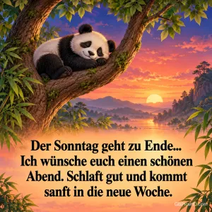 Kleiner Panda schläft gemütlich in einer Astgabel, dahinter ein See mit Bergen im orangefarbenen Sonnenuntergang, darunter ein Abendgruß zum Ende des Sonntags