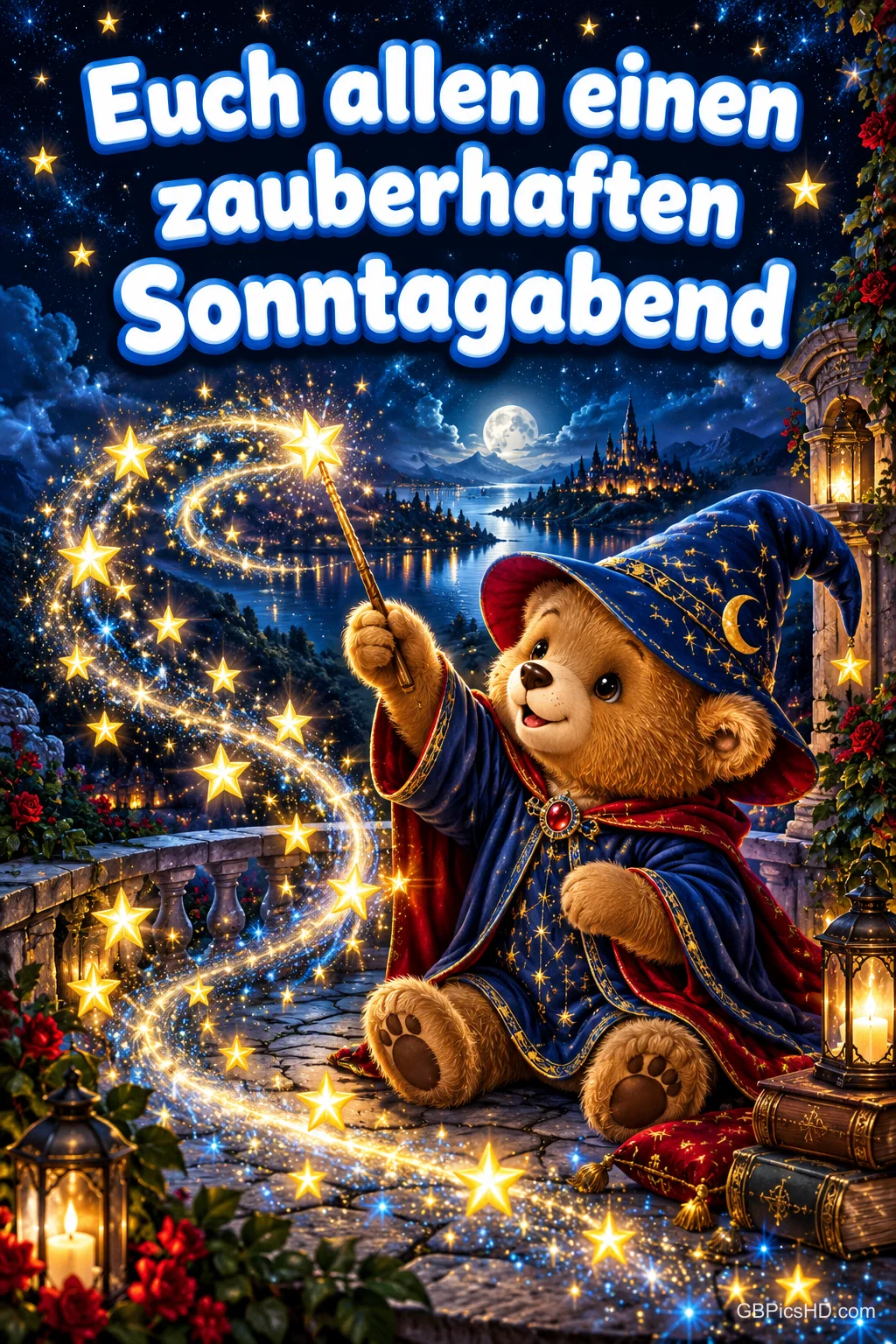 Teddybär im Zauberermantel mit Sternenhut zaubert mit seinem Stab eine funkelnde Sternenspirale über eine nächtliche Seelandschaft, dazu ein zauberhafter Sonntagabendgruß Teddybär im Zauberermantel mit Sternenhut zaubert mit seinem Stab eine funkelnde Sternenspirale über eine nächtliche Seelandschaft, dazu ein zauberhafter Sonntagabendgruß