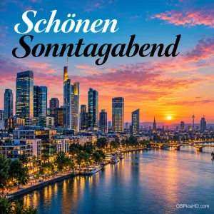 Skyline einer Großstadt mit beleuchteten Hochhäusern am Fluss bei farbenprächtigem Sonnenuntergang, darüber in großer Schreibschrift der Gruß Schönen Sonntagabend