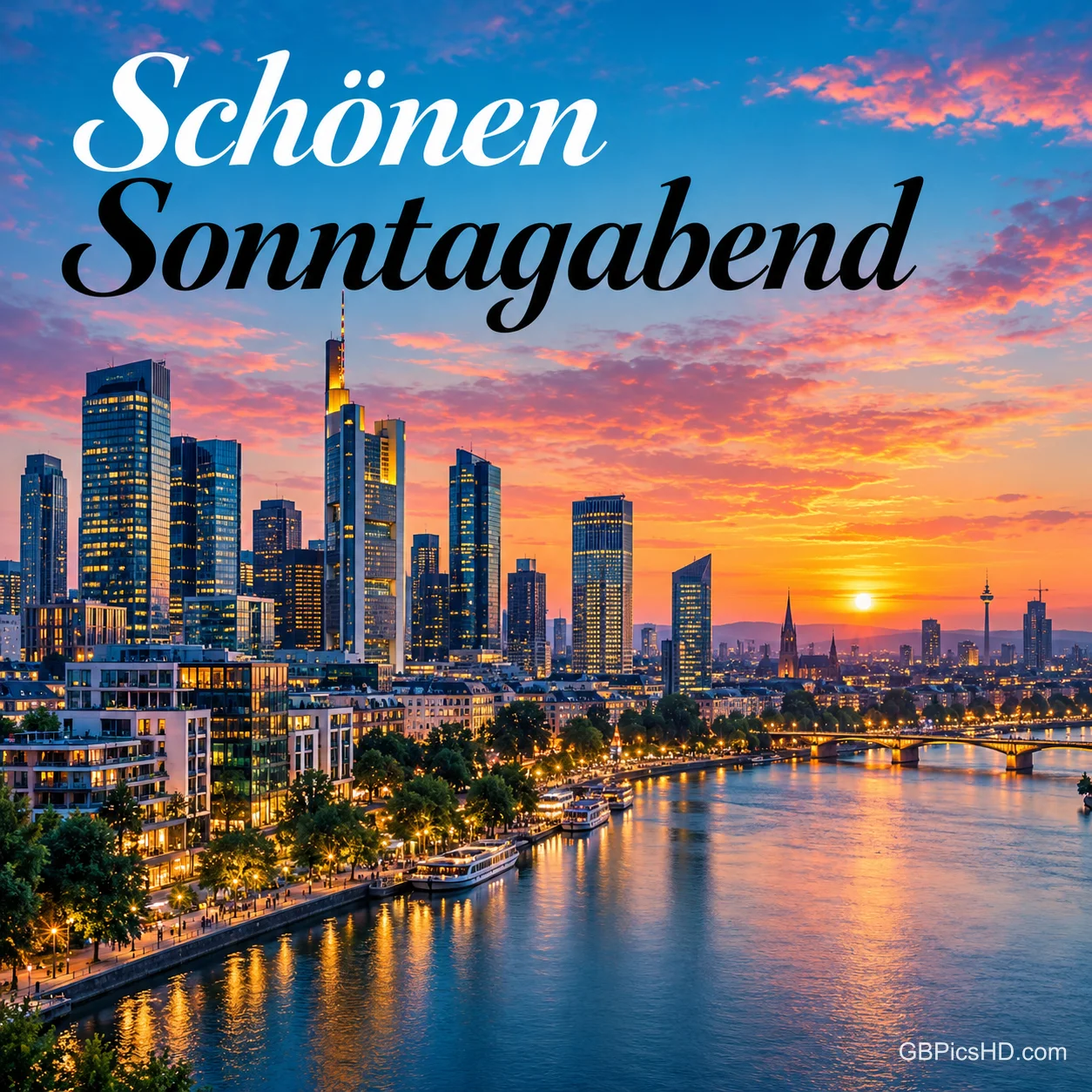 Skyline einer Großstadt mit beleuchteten Hochhäusern am Fluss bei farbenprächtigem Sonnenuntergang, darüber in großer Schreibschrift der Gruß Schönen Sonntagabend Skyline einer Großstadt mit beleuchteten Hochhäusern am Fluss bei farbenprächtigem Sonnenuntergang, darüber in großer Schreibschrift der Gruß Schönen Sonntagabend