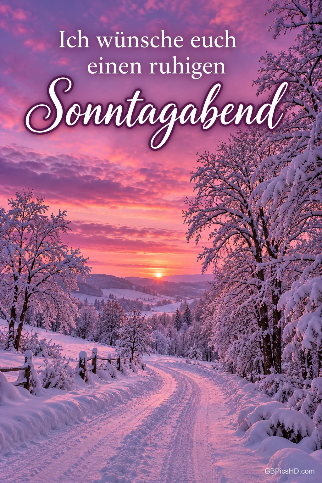 Verschneiter Waldweg zwischen frostbedeckten Bäumen bei rosa-violettem Abendhimmel und tiefstehender Sonne, darüber ein Wunsch für einen ruhigen Sonntagabend Verschneiter Waldweg zwischen frostbedeckten Bäumen bei rosa-violettem Abendhimmel und tiefstehender Sonne, darüber ein Wunsch für einen ruhigen Sonntagabend