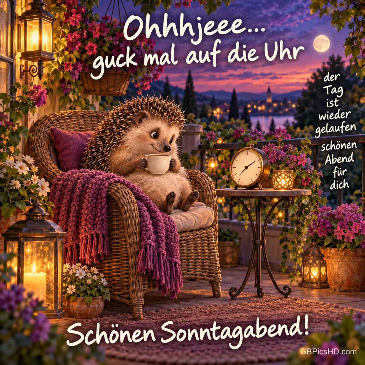 Niedlicher Igel mit Teetasse sitzt im Korbsessel auf einer blühenden Terrasse mit Laternen und Uhr, im Hintergrund Abendhimmel und Mond, dazu ein lustiger Sonntagabendgruß Niedlicher Igel mit Teetasse sitzt im Korbsessel auf einer blühenden Terrasse mit Laternen und Uhr, im Hintergrund Abendhimmel und Mond, dazu ein lustiger Sonntagabendgruß