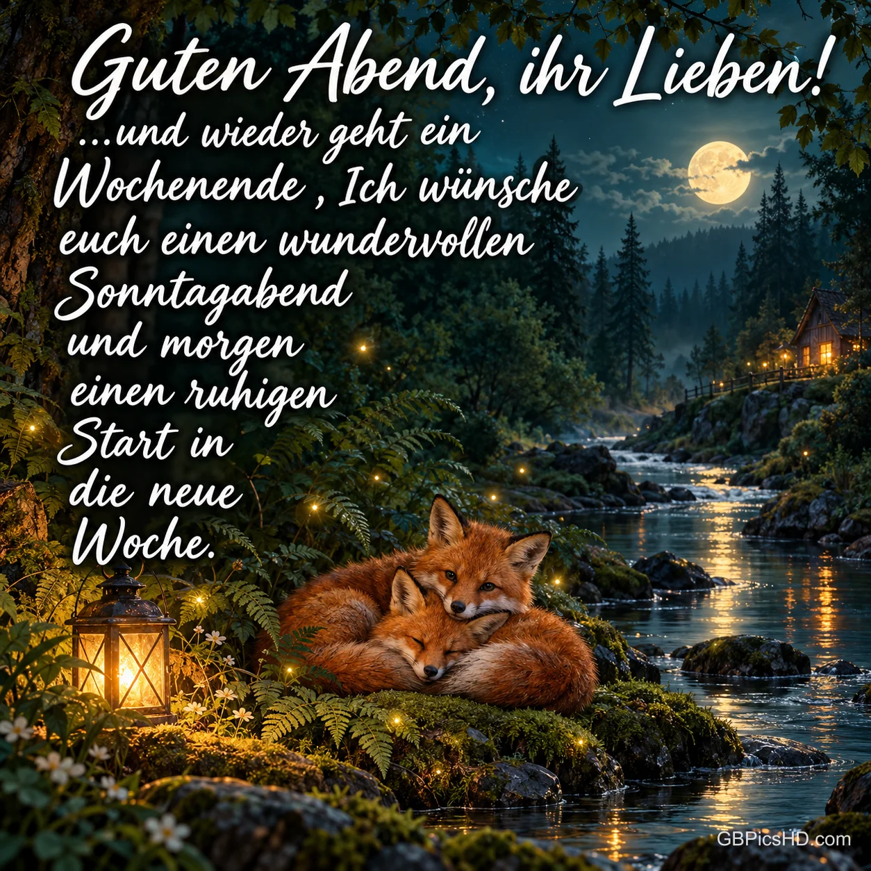 Zwei Füchse schlafen aneinandergekuschelt am moosigen Ufer eines Baches im nächtlichen Wald mit Laterne, Glühwürmchen und Vollmond, dazu ein Gruß zum Sonntagabend Zwei Füchse schlafen aneinandergekuschelt am moosigen Ufer eines Baches im nächtlichen Wald mit Laterne, Glühwürmchen und Vollmond, dazu ein Gruß zum Sonntagabend