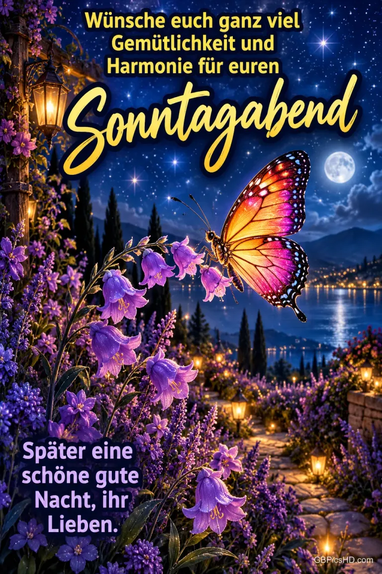 Bunter Schmetterling über lila Glockenblumen an einem beleuchteten Gartenweg, dahinter ein See unter Sternenhimmel und Mond, dazu ein Gruß zum Sonntagabend