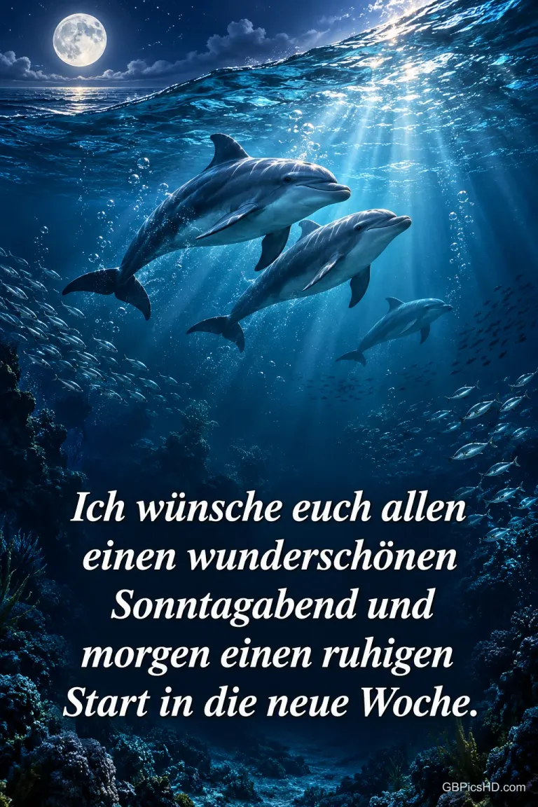 Mehrere Delfine schwimmen im tiefblauen Meer unter Lichtstrahlen, darüber leuchtet der Vollmond, dazu Wünsche für den Sonntagabend und die neue Woche