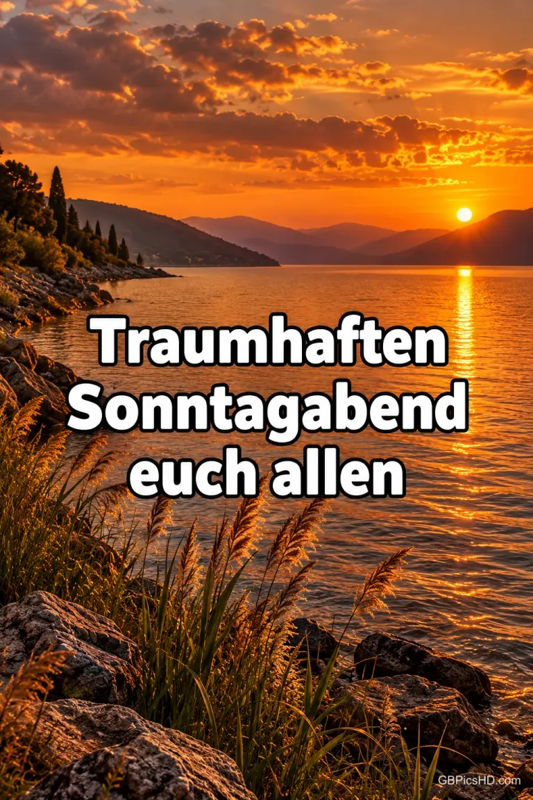 Sonnenuntergang über einem stillen Bergsee mit Felsufer, Schilfgräsern und orangefarbenem Himmel, der sich im Wasser spiegelt, Text: Traumhaften Sonntagabend euch allen
