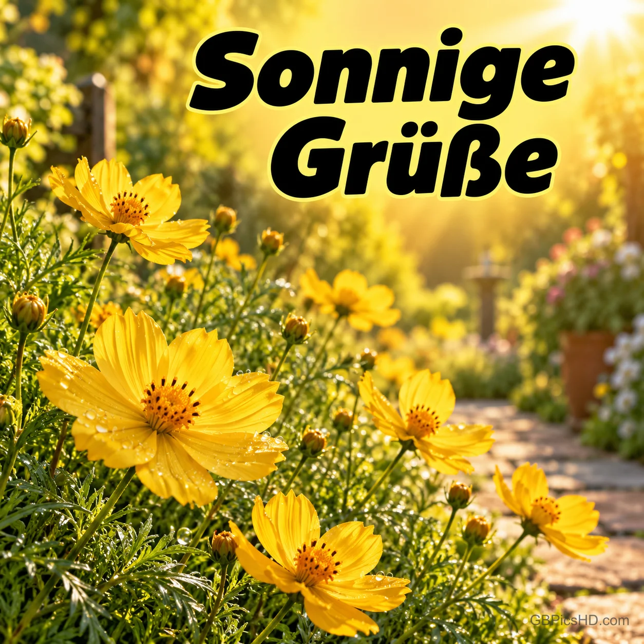 Gelbe Schmuckkörbchen leuchten in einem sonnigen Garten mit dem Schriftzug "Sonnige Grüße". Gelbe Schmuckkörbchen leuchten in einem sonnigen Garten mit dem Schriftzug "Sonnige Grüße".