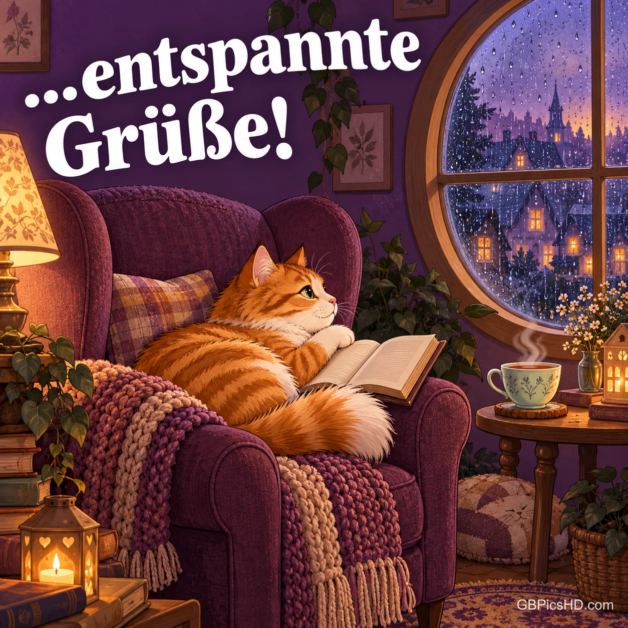 Eine rote Katze liegt mit Buch im Ohrensessel neben Tee und Kerzenschein, draußen regnet es, dazu "...entspannte Grüße!". Eine rote Katze liegt mit Buch im Ohrensessel neben Tee und Kerzenschein, draußen regnet es, dazu "...entspannte Grüße!".