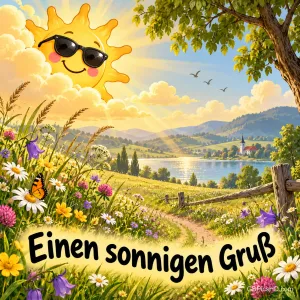 Eine lächelnde Sonne mit Sonnenbrille über einer Blumenwiese am See mit dem Schriftzug "Einen sonnigen Gruß".