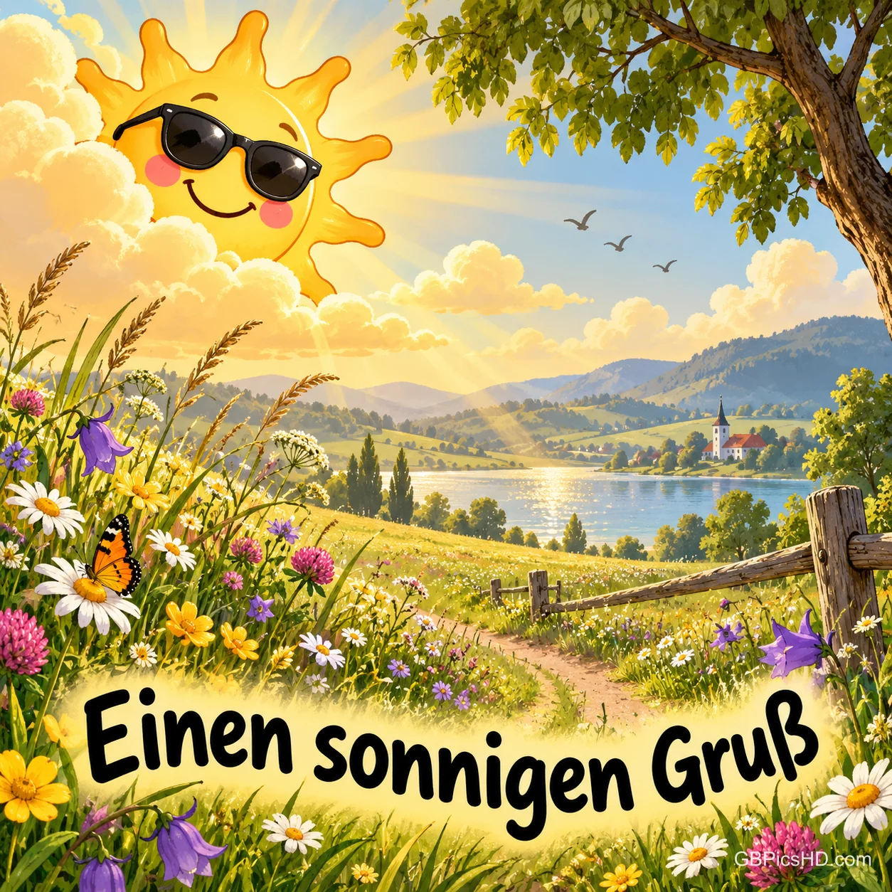 Eine lächelnde Sonne mit Sonnenbrille über einer Blumenwiese am See mit dem Schriftzug "Einen sonnigen Gruß". Eine lächelnde Sonne mit Sonnenbrille über einer Blumenwiese am See mit dem Schriftzug "Einen sonnigen Gruß".