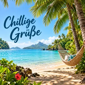Ein Palmenstrand mit Hängematte und türkisem Meer mit dem Schriftzug "Chillige Grüße".