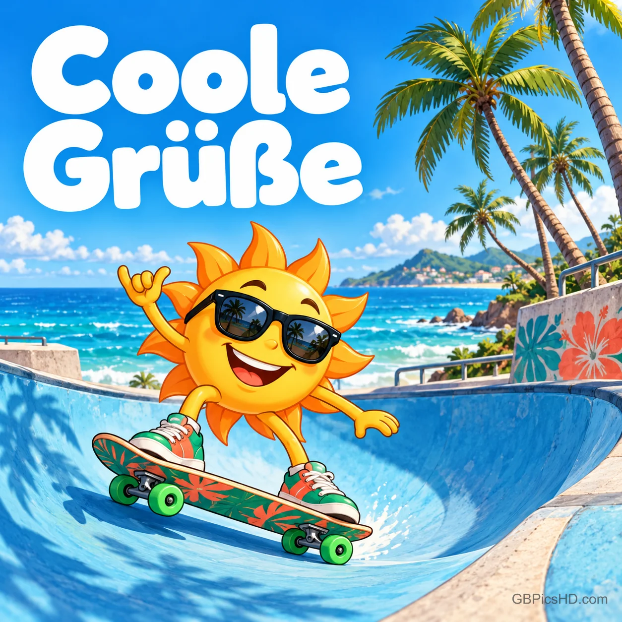 Eine Cartoon-Sonne mit Sonnenbrille fährt Skateboard in einer Halfpipe am Palmenstrand, dazu "Coole Grüße". Eine Cartoon-Sonne mit Sonnenbrille fährt Skateboard in einer Halfpipe am Palmenstrand, dazu "Coole Grüße".