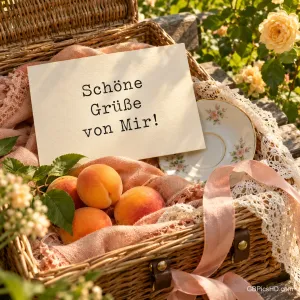 In einem Picknickkorb liegt eine Karte mit "Schöne Grüße von Mir!" neben Aprikosen, einer Blumentasse und Spitze.