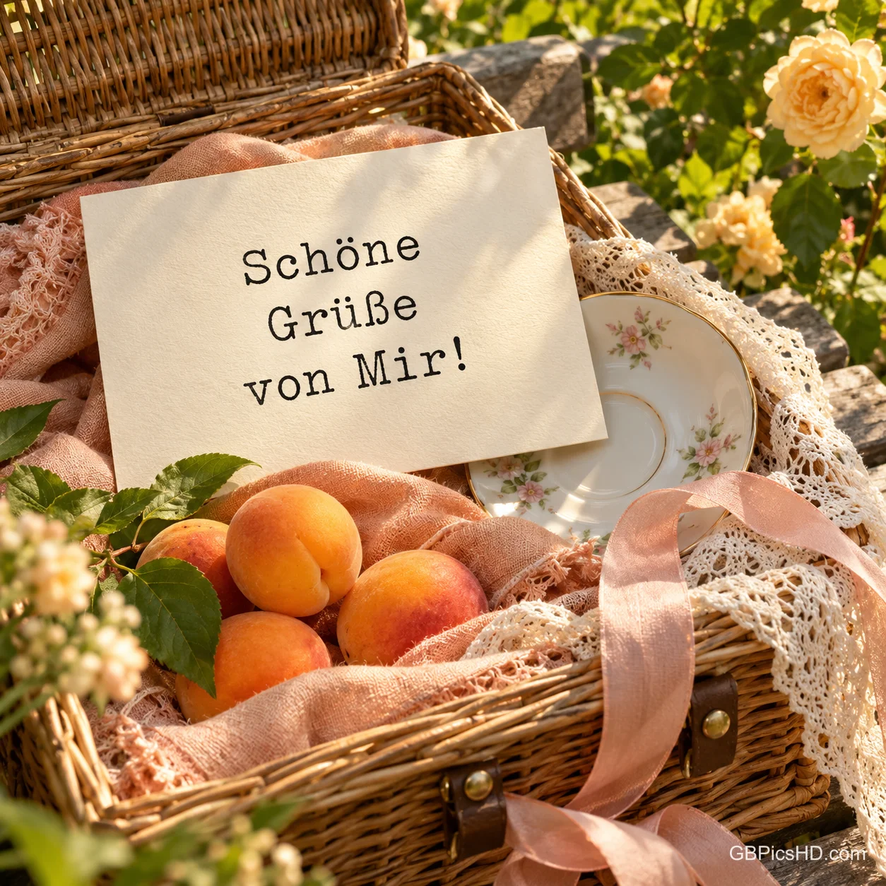 In einem Picknickkorb liegt eine Karte mit "Schöne Grüße von Mir!" neben Aprikosen, einer Blumentasse und Spitze. In einem Picknickkorb liegt eine Karte mit "Schöne Grüße von Mir!" neben Aprikosen, einer Blumentasse und Spitze.