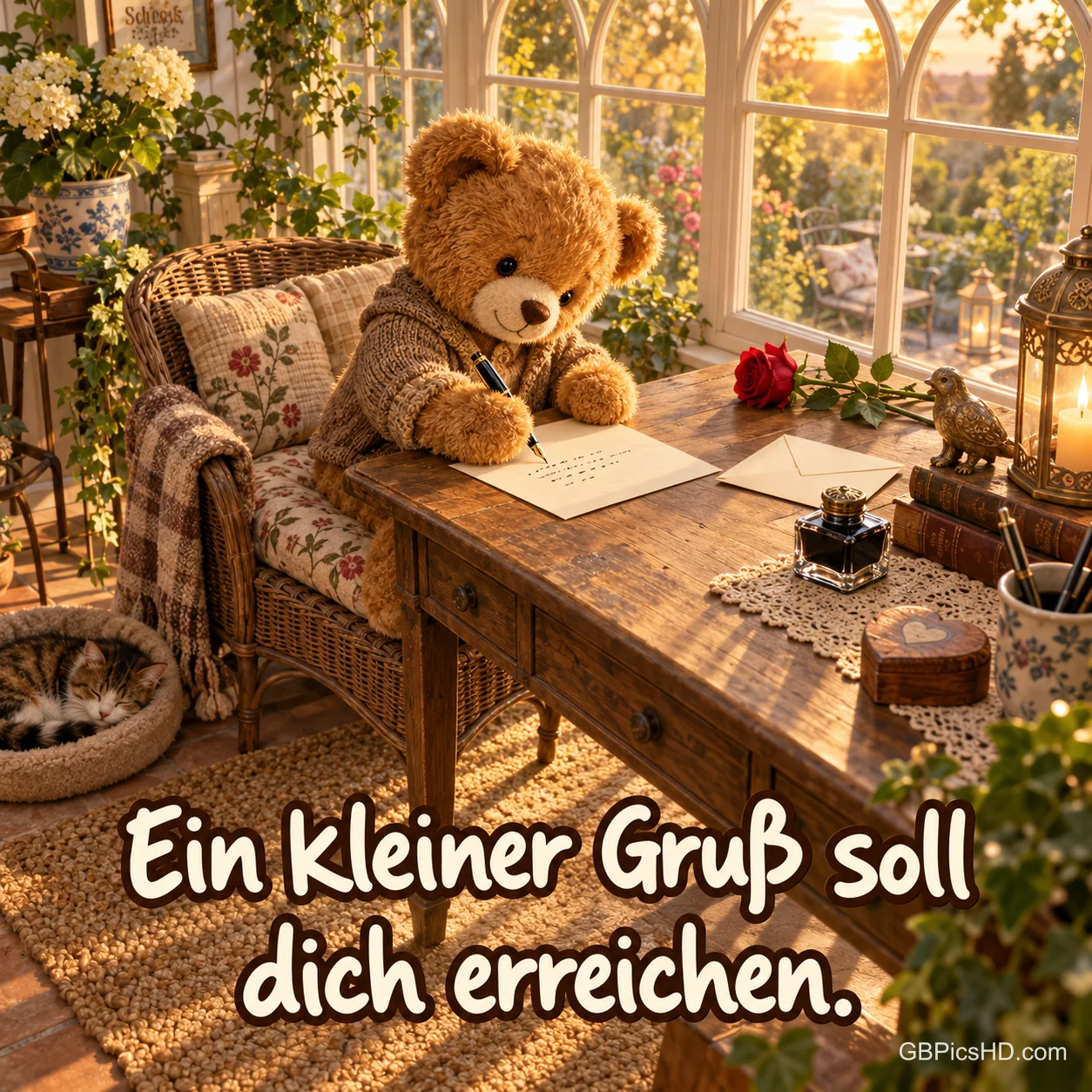 Ein Teddybär im Strickpullover schreibt am Holztisch einen Brief neben einer roten Rose, dazu "Ein kleiner Gruß soll dich erreichen.". Ein Teddybär im Strickpullover schreibt am Holztisch einen Brief neben einer roten Rose, dazu "Ein kleiner Gruß soll dich erreichen.".