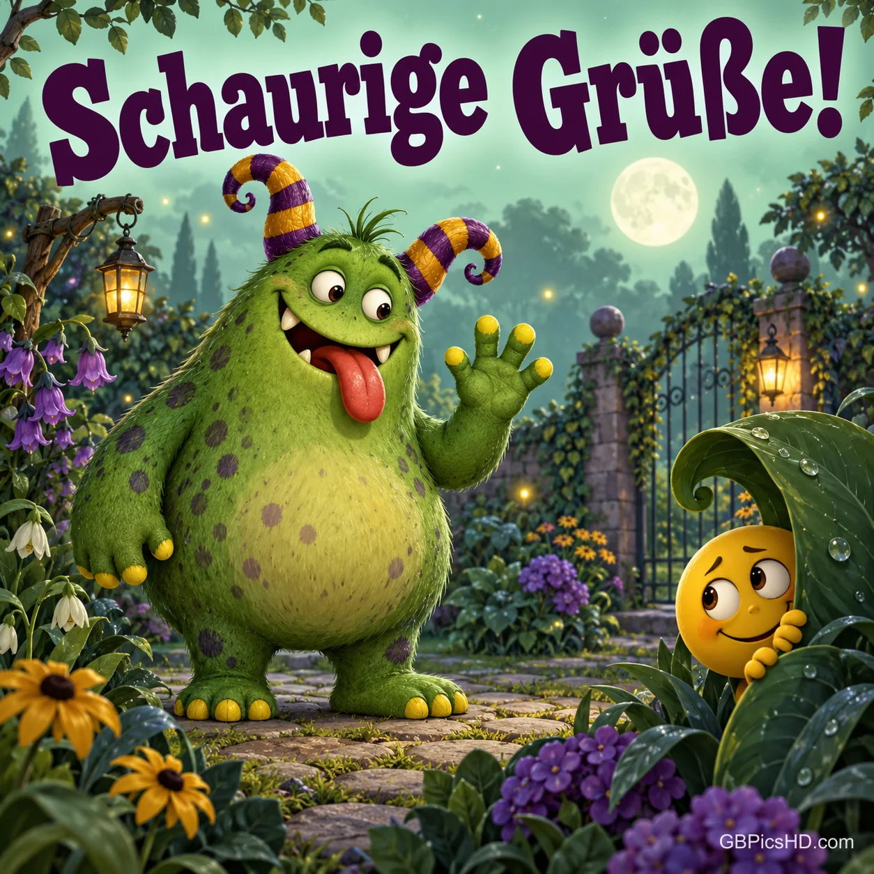 Ein grünes Fellmonster mit gestreiften Hörnern winkt in einem nächtlichen Garten, daneben ein unsicheres Smiley, dazu "Schaurige Grüße!". Ein grünes Fellmonster mit gestreiften Hörnern winkt in einem nächtlichen Garten, daneben ein unsicheres Smiley, dazu "Schaurige Grüße!".