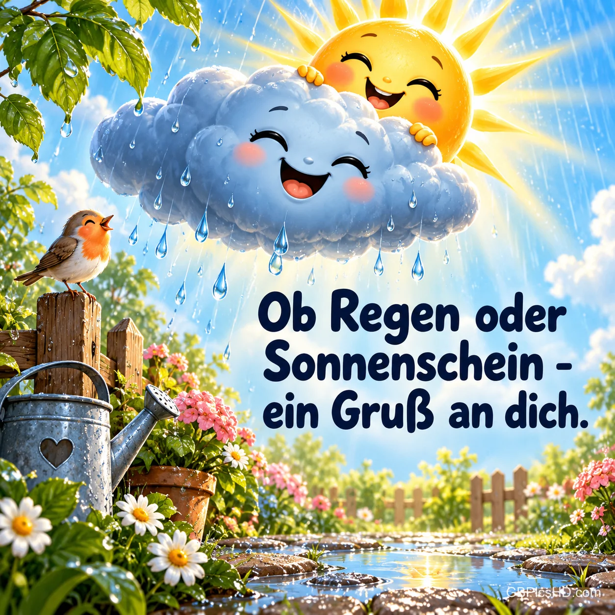 Eine lachende Regenwolke und eine Sonne über einem Garten mit Rotkehlchen und Gießkanne mit dem Spruch "Ob Regen oder Sonnenschein - ein Gruß an dich.". Eine lachende Regenwolke und eine Sonne über einem Garten mit Rotkehlchen und Gießkanne mit dem Spruch "Ob Regen oder Sonnenschein - ein Gruß an dich.".