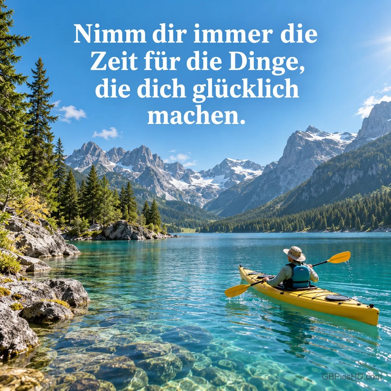 Eine Person paddelt im gelben Kajak über einen glasklaren Bergsee vor schneebedeckten Gipfeln, darüber der Spruch "Nimm dir immer die Zeit für die Dinge, die dich glücklich machen."