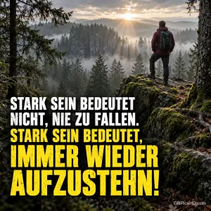 Ein Wanderer steht auf einem bemoosten Felsen über nebligem Wald im Sonnenaufgang, daneben in kräftigen Großbuchstaben: "Stark sein bedeutet, immer wieder aufzustehn!"