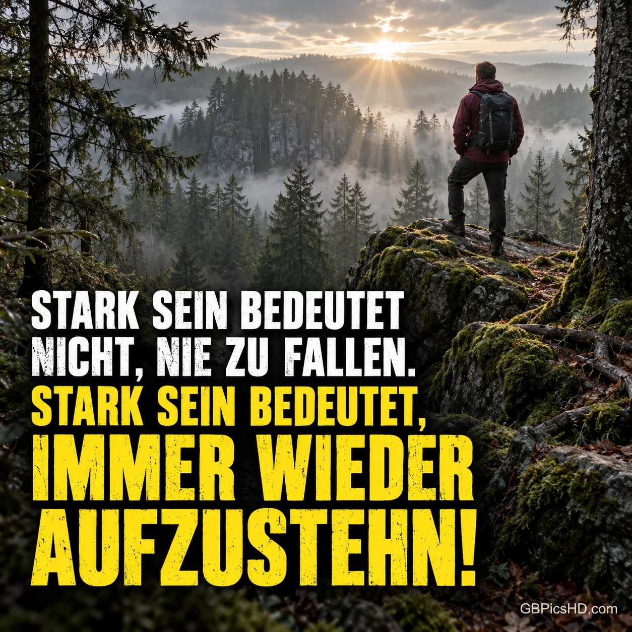 Ein Wanderer steht auf einem bemoosten Felsen über nebligem Wald im Sonnenaufgang, daneben in kräftigen Großbuchstaben: "Stark sein bedeutet, immer wieder aufzustehn!"