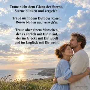 Ein Paar umarmt sich innig auf einer Wiese über dem Meer bei Sonnenuntergang, darüber das Gedicht "Traue nicht dem Glanz der Sterne" über ehrliche Verbundenheit.