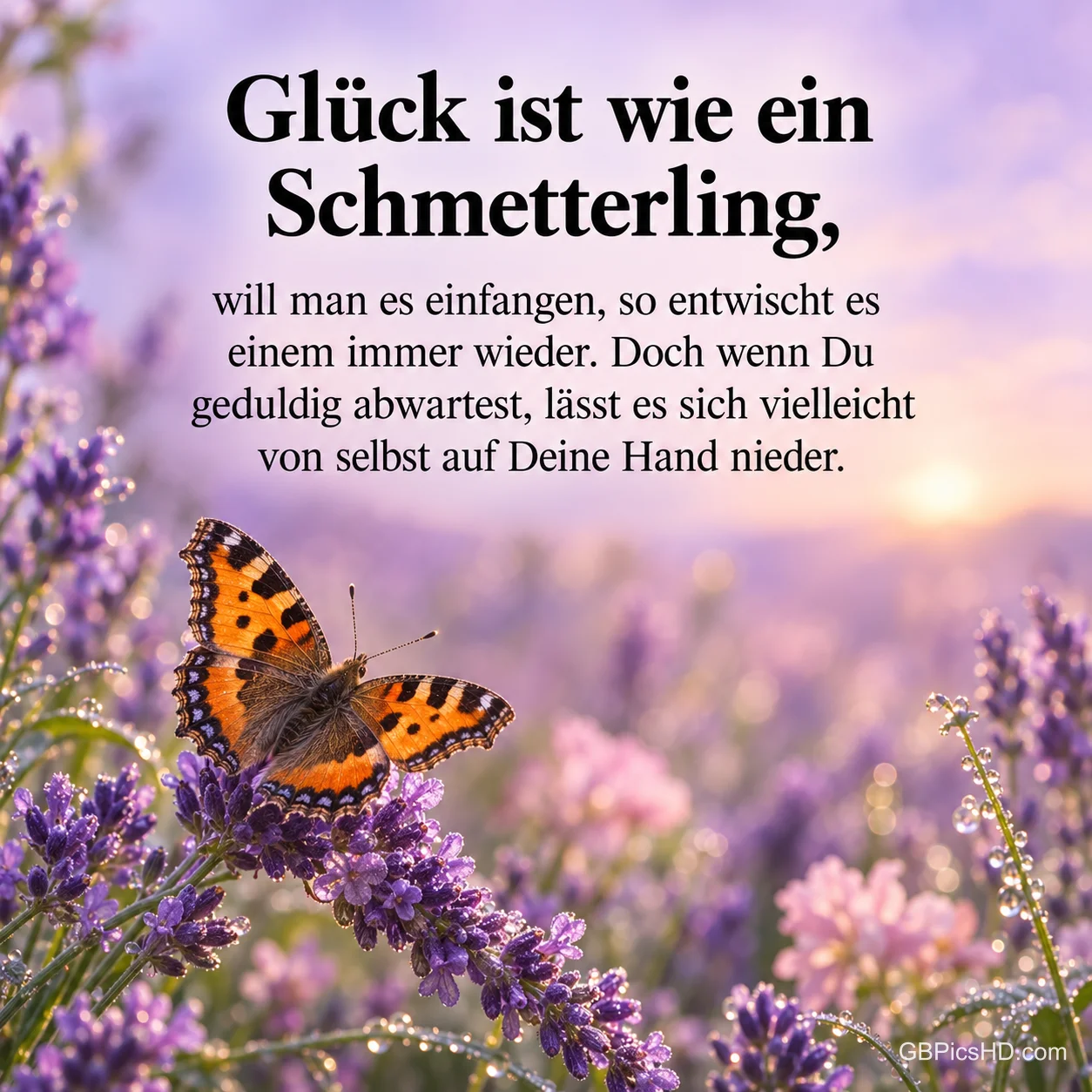 Ein orangefarbener Schmetterling sitzt auf blühendem Lavendel im sanften Abendlicht, darüber der Spruch "Glück ist wie ein Schmetterling" über Geduld und Glück.