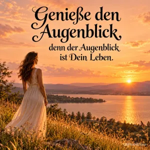 Eine Frau im hellen Kleid steht auf einer Anhöhe und blickt im goldenen Sonnenuntergang auf einen See, dazu "Genieße den Augenblick, denn der Augenblick ist Dein Leben."