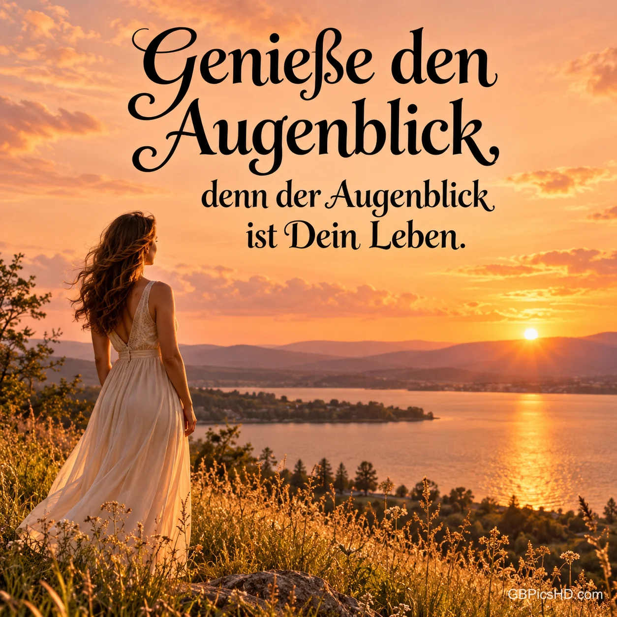 Eine Frau im hellen Kleid steht auf einer Anhöhe und blickt im goldenen Sonnenuntergang auf einen See, dazu "Genieße den Augenblick, denn der Augenblick ist Dein Leben."