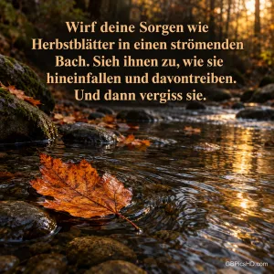 Ein rotbraunes Herbstblatt treibt im goldenen Licht auf einem plätschernden Waldbach, darüber der Spruch "Wirf deine Sorgen wie Herbstblätter in einen strömenden Bach".