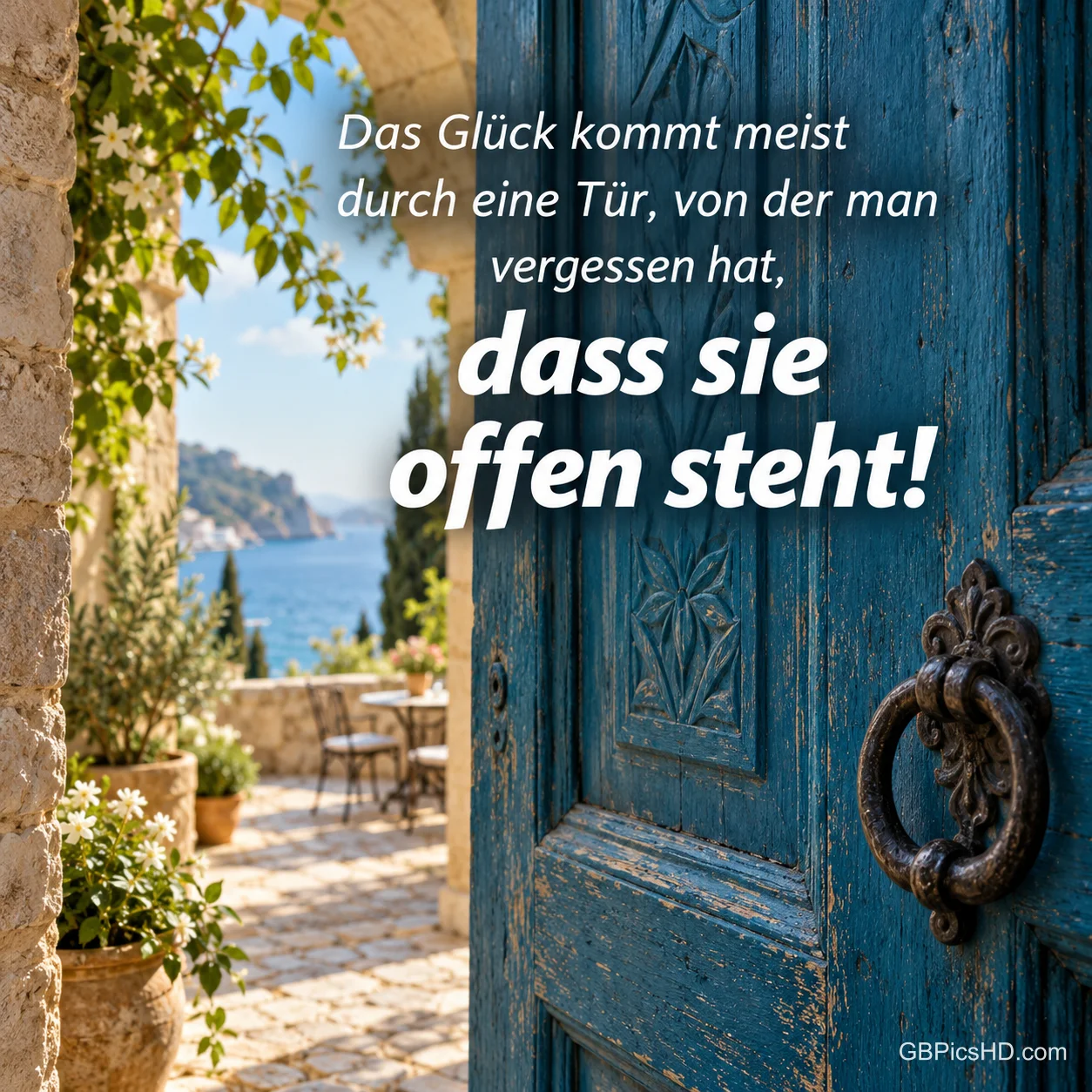 Eine offene blaue Holztür mit Türklopfer gibt den Blick aufs Meer frei, dazu "Das Glück kommt meist durch eine Tür, von der man vergessen hat, dass sie offen steht!"