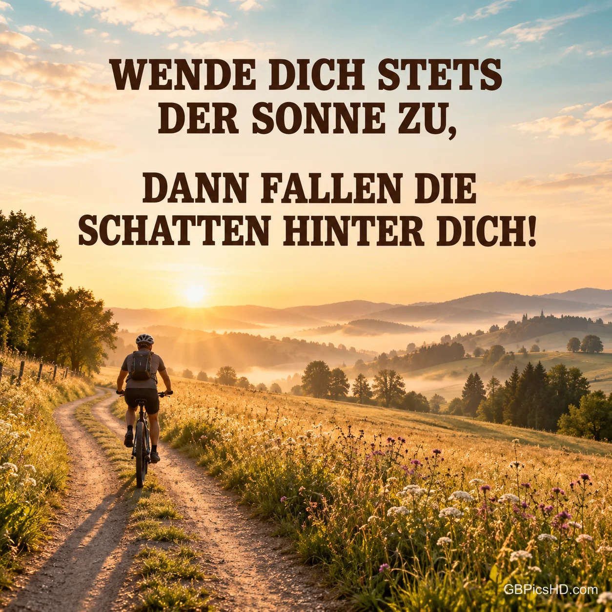 Ein Radfahrer fährt auf einem Feldweg durch eine blühende Wiese der tief stehenden Sonne entgegen, darüber "Wende dich stets der Sonne zu, dann fallen die Schatten hinter dich!"