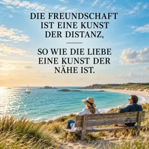 Zwei Menschen sitzen auf einer Holzbank in den Dünen und blicken auf eine sonnige Meeresbucht mit Segelboot, darüber ein Spruch über Freundschaft, Liebe, Distanz und Nähe