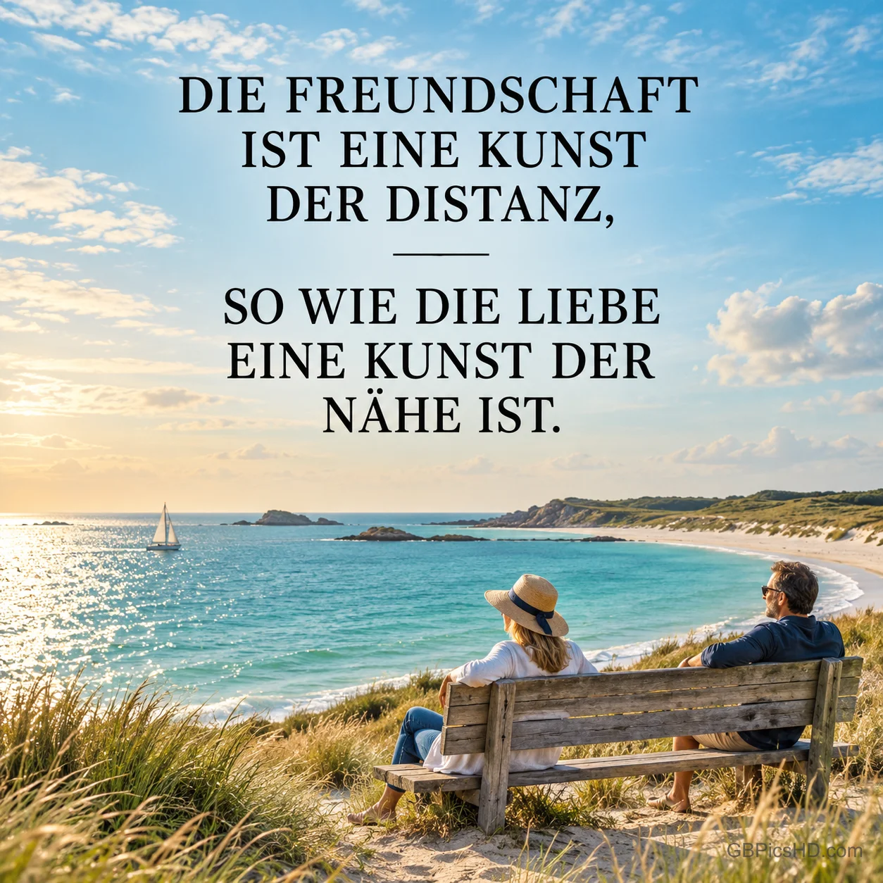 Zwei Menschen sitzen auf einer Holzbank in den Dünen und blicken auf eine sonnige Meeresbucht mit Segelboot, darüber ein Spruch über Freundschaft, Liebe, Distanz und Nähe