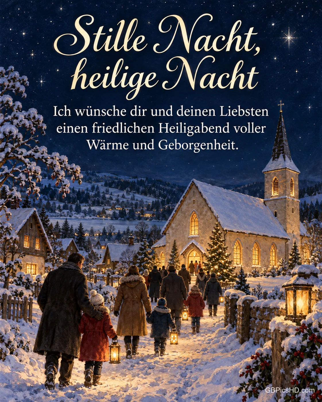 Familien gehen mit Laternen durch den Schnee zur warm erleuchteten Dorfkirche unter dem Sternenhimmel, dazu "Stille Nacht, heilige Nacht".